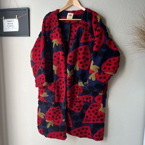 Farm Rio Heartberry Strawberry Fleece Knit Cozy Maxi Cardigan Sweater Size XS